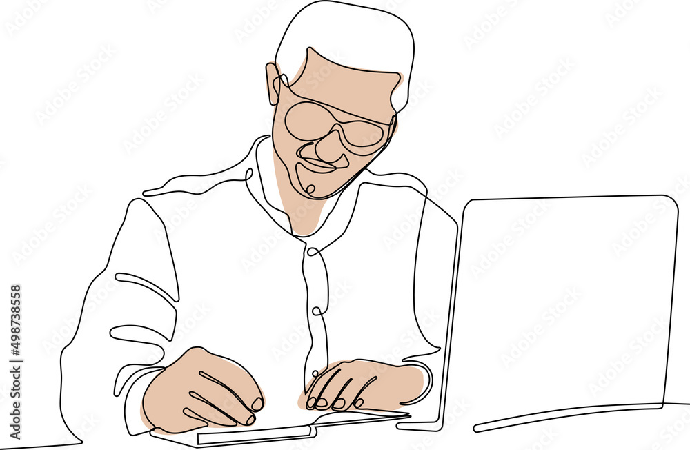 One continuous line is the concept. Vector illustration. Continuous line drawing of focused young man wearing glasses using laptop typing on keyboard writing email or message for your design minimal One continuous line is the concept. Vector illustration. Continuous line drawing of focused young man wearing glasses using laptop typing on keyboard writing email or message for your design minimal