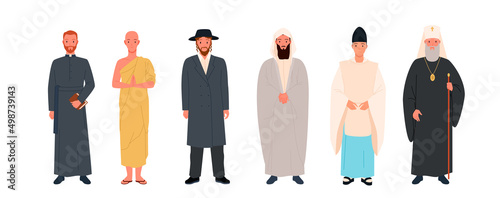 Different religious leaders infographic vector illustration set. Cartoon buddhist monk and catholic priest, pastor and christian pope, diversity of holy fathers isolated on white. Religion concept