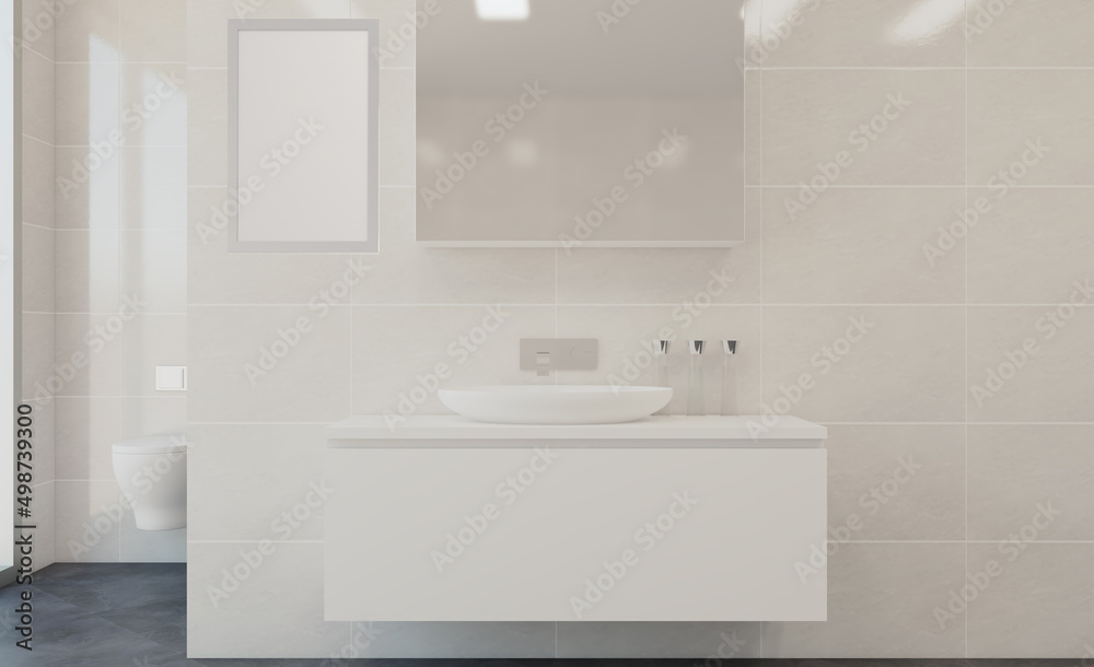 Spacious bathroom in gray tones with heated floors, freestanding tub. 3D rendering.. Mockup. Empty paintings Spacious bathroom in gray tones with heated floors, freestanding tub. 3D rendering.. Mockup. Empty paintings