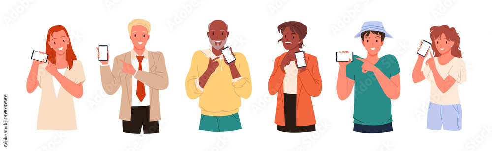 People point on empty screen of mobile phones set vector illustration. Cartoon male and female characters hold smartphone to use apps and show presenting gesture isolated on white. Connection concept People point on empty screen of mobile phones set vector illustration. Cartoon male and female characters hold smartphone to use apps and show presenting gesture isolated on white. Connection concept