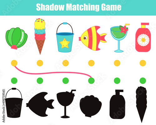Shadow matching game. Summertime beach theme Kids activity. Find silhouettes of objects