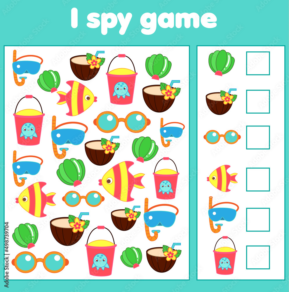 I spy game. Find and count summertime beach objects. Summer holidays activity for kids, toddlers, children