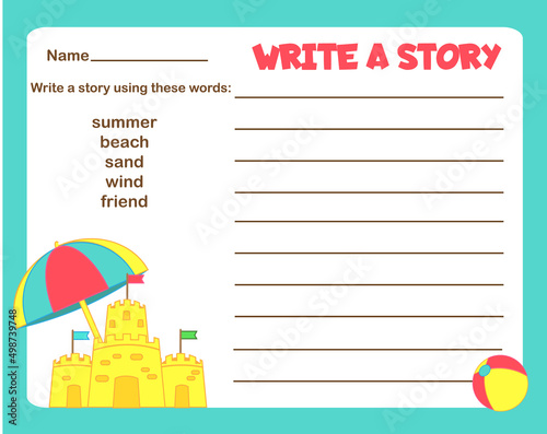 Writing prompt for kids blank. Educational children page. Develop fantasy and writing stories skills. Summer holidays theme