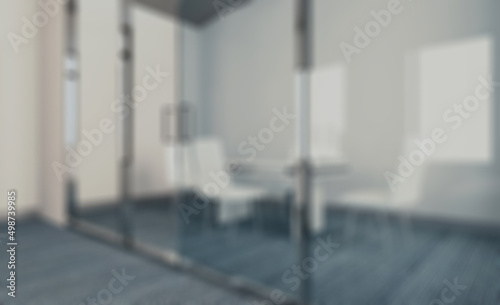 Open space office interior with like conference room. Mockup. 3D. Abstract blur phototography.