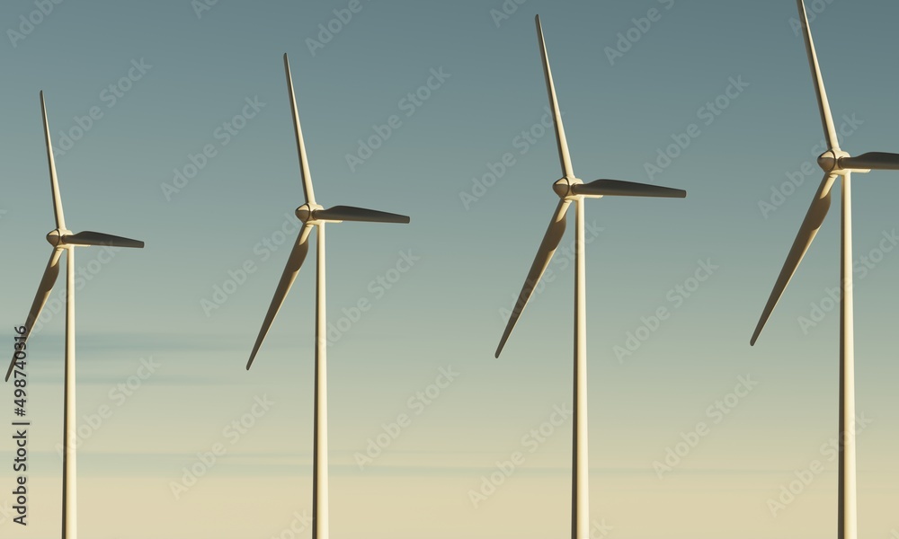 Wind turbines spinning to generate electricity for households on sea with dawn sky as renewable power plant. clean and sustainable energy concept. 3D illustration rendering Wind turbines spinning to generate electricity for households on sea with dawn sky as renewable power plant. clean and sustainable energy concept. 3D illustration rendering