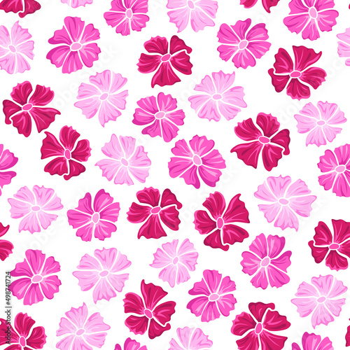 Floral seamless pattern with hot pink and pale pink cosmea buds on white background. Hand drawn cosmos flowers. Cute vector print for girls and womens summer clothes, cover, fabric, wallpaper