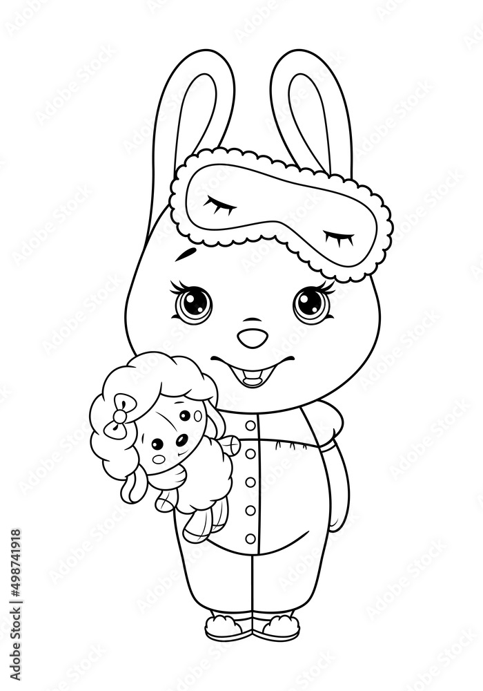 Cute bunny character in pajamas with toy coloring page. Black and white ...