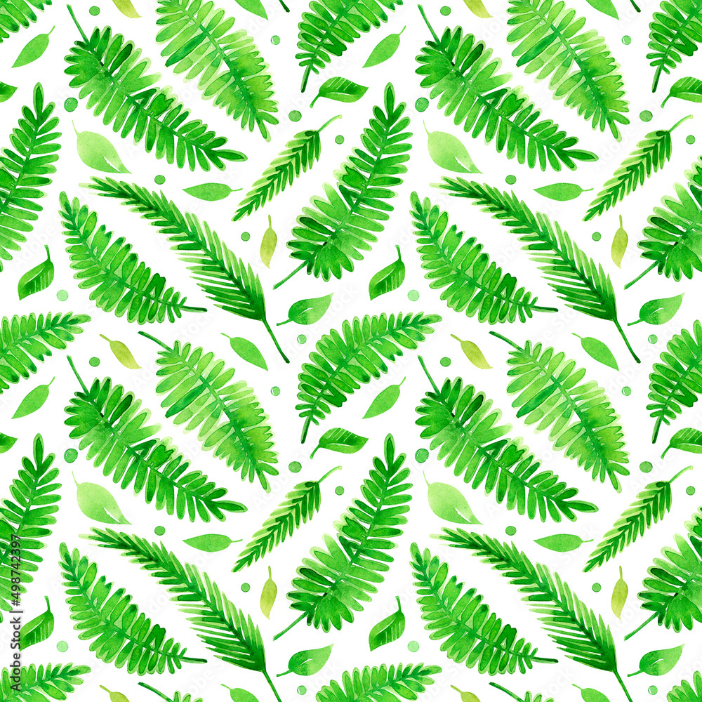 Watercolor seamless pattern. Delicate tropical leaves isolated on white background. For fabric, paper, and other designer
