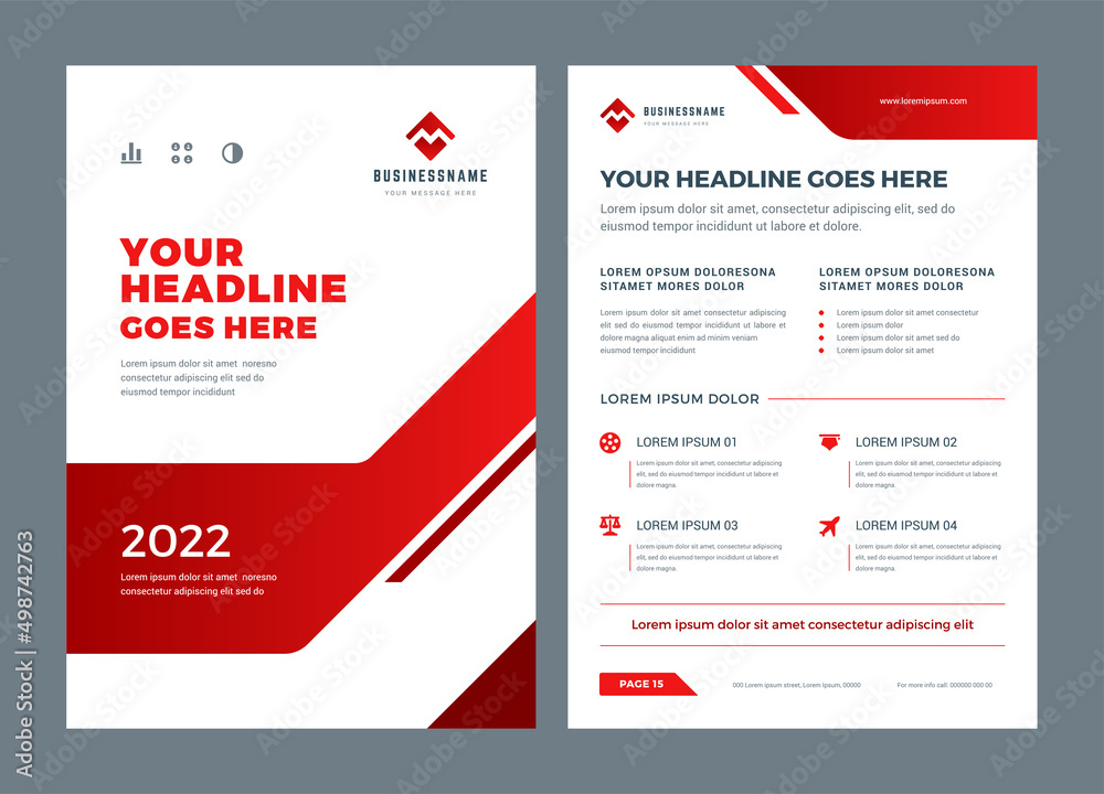 Red brochure annual report flyer design template, vector abstract flat background with logo design.