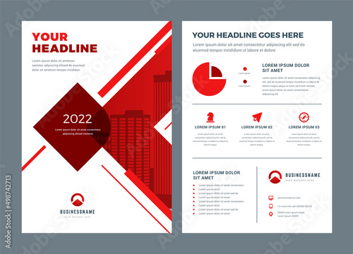 Red brochure annual report flyer design template, vector abstract flat background with logo design.