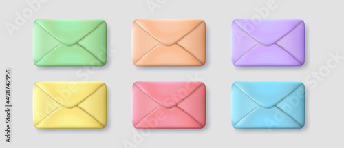 Set of cartoon closed paper envelopes isolated on white background. Top view of six vector three dimensional letters. 