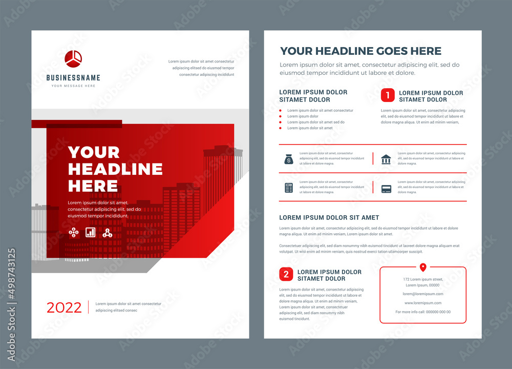 Red brochure annual report flyer design template, vector abstract flat background with logo design.