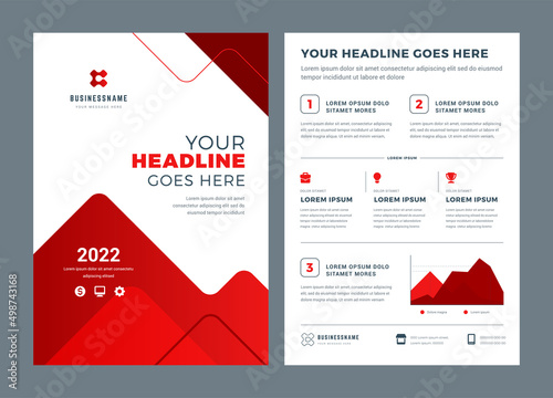 Red brochure annual report flyer design template, vector abstract flat background with logo design.