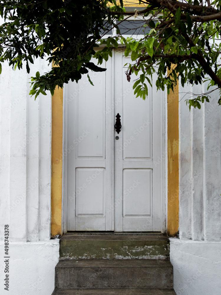 Fototapeta premium Piacatuba, Minas Gerais, Brasil: Porta e detalhes em branco com a folhagem da arvore próxima