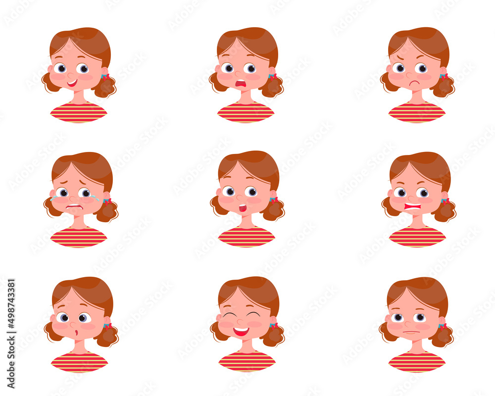 Isolated vector.A set of emotions on the girl's face. Girl's face with different expressions. Variety of children's emotions. School portrait avatars. Variety of teenager emotions. Isolated vector.A set of emotions on the girl's face. Girl's face with different expressions. Variety of children's emotions. School portrait avatars. Variety of teenager emotions.
