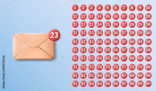 Three dimensional letter with red notification. Notice buttons with numbers from 1 to 99+. New message concept for social network, media, mobile apps, etc.