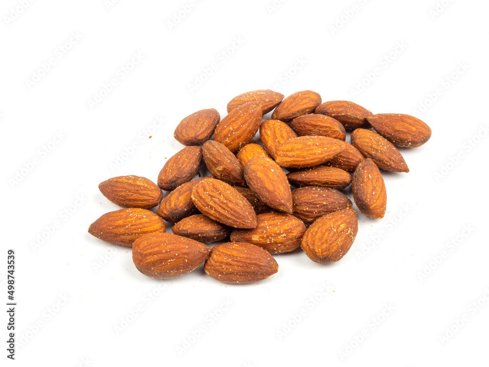 Salted almonds on white background. Salted almonds on white background.