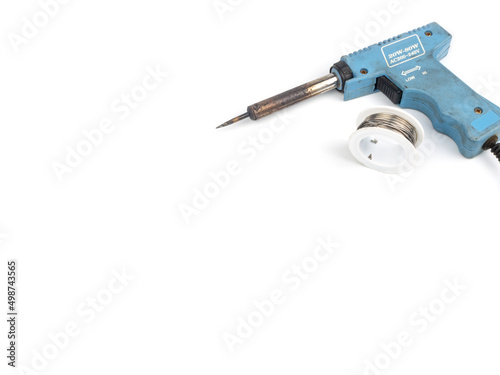 Soldering equipment. Solder and rosin isolated on white background. Copy space blank area for text.