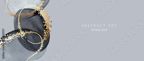 Chic, elegant background with grey watercolor citcles, ovals. Golden line art, shiny splatters, dots. photo