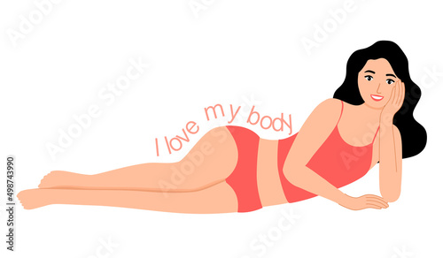 I love my body concept vector illustration. Young woman wearing underwear in flat design on white background.