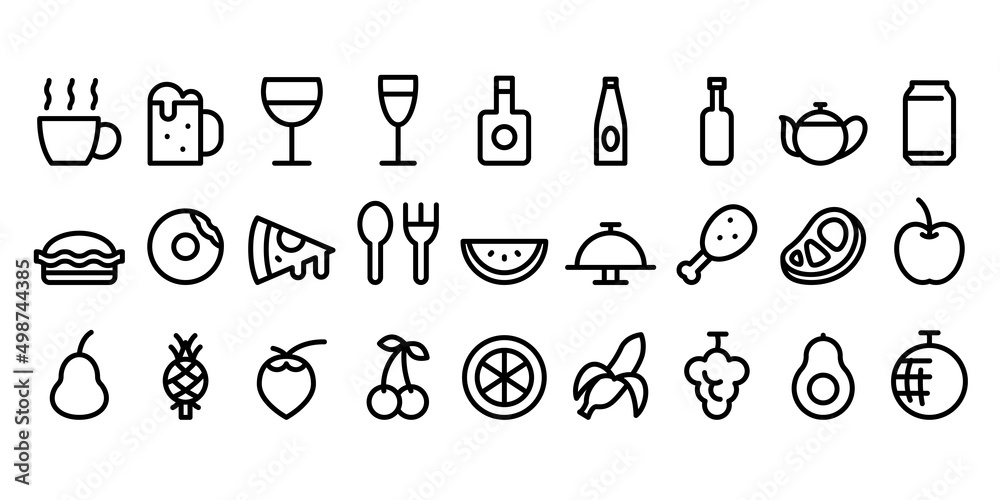Simple food and drink icons, black lines on white background. Simple food and drink icons, black lines on white background.