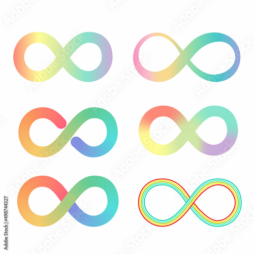 Rainbow gradient infinity signs collection. Loop shape vector illustration. Endless symbol. Autism and neurodiversity symbol. photo