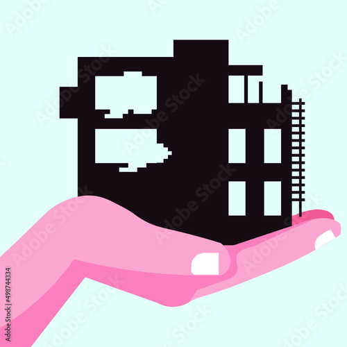 silhouette of a destroyed residential building in an open hand palm, refugee, homeless people, war disaster, vector web icon