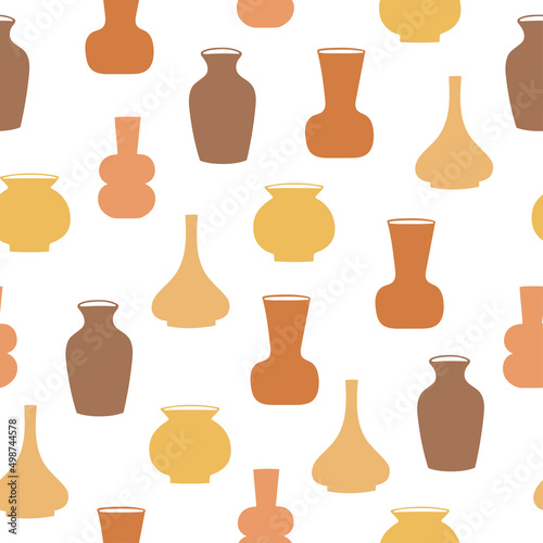 Seamless pattern of hand drawn vases. Clay pottery in pastel colors on white background 