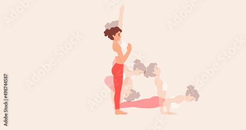 Surya namaskar or sun salutation yoga poses sequence. Ashtanga yoga poses set. Gymnastic for the lungs, breathing exercises. Vector illustration