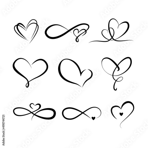 A set of hand drawn hearts icon outlines on white background.