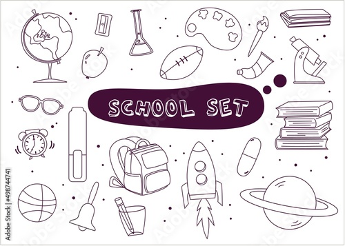 Shool objects for studying. Hand drawn flat cartoon elements in line. Vector illustration