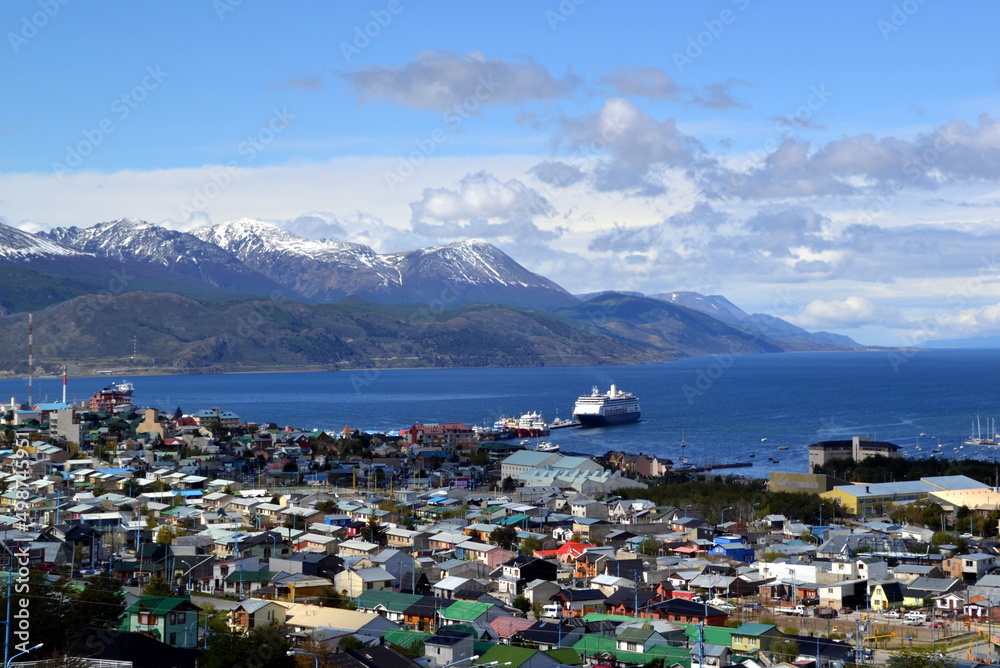 View from the top of hill to Ushuaia town in Patagonia Argentina and channel of Beagle. High quality photo
