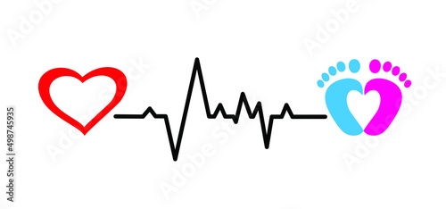 New born, pregnant or baby coming soon. Vector footprint or footsteps icon or pictogram. Love heart, boy or girl sign. ECG heartbeat line pulse wave.