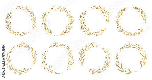 Gold circle frame, elegant wreath round border. Hand drawn doodle sketch style. Floral circle frame, flourish design element for wedding, greeting card. Vector illustration.