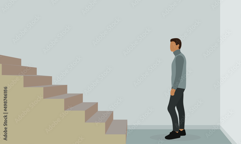 Male character stands in front of stairs indoors Male character stands in front of stairs indoors