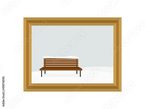 Picture with a winter landscape and a wooden bench in a wooden frame on a white background