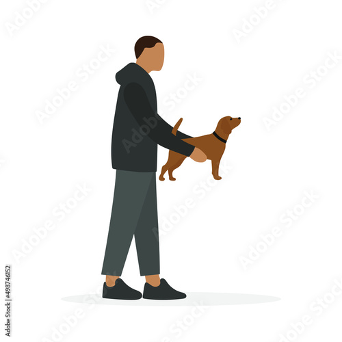 A male character with a dog in his hands stands on a white background