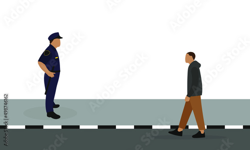 A police officer stands on the sidewalk and looks at a male character walking along the road