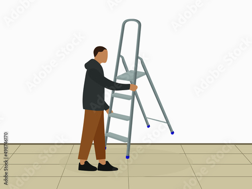 A male character with a stepladder in his hands stands indoors