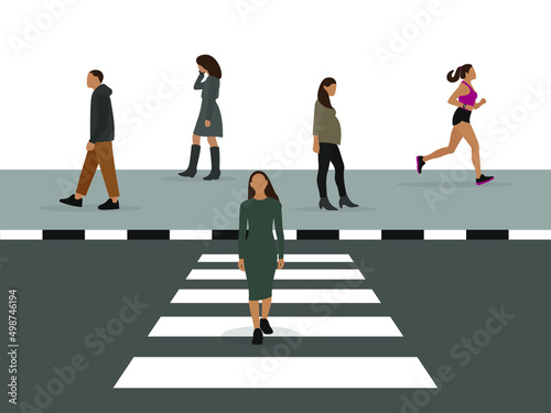Male and female characters walk along the sidewalk and crosswalk