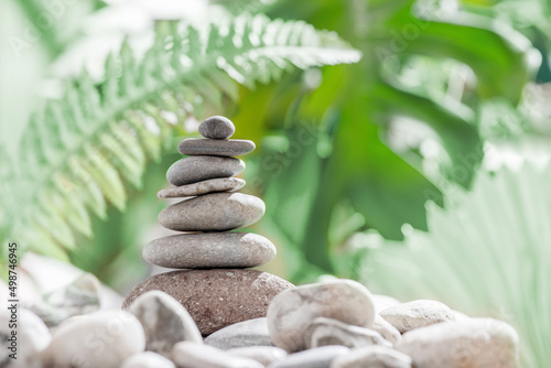 Canvas Print Pyramid of stones on the background of green plants