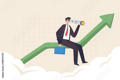 Investment Opportunities, Future Goals, Stock Market Prediction. Opportunity as vision for chances for business target. Looking for future company plans. a businessman using telescope on graph chart.