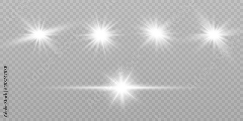 Set of vector glowing explosion light effects with glitter on transparent background.	
