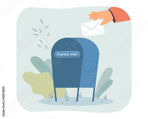 Hand of postman putting letter into mailbox. Courier delivering envelope flat vector illustration. Express mail, communication, postal service concept for banner, website design or landing web page