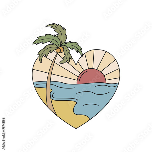 Badge with sea, sun and palm tree in the shape of a heart. Hand-drawn flat vector illustration.