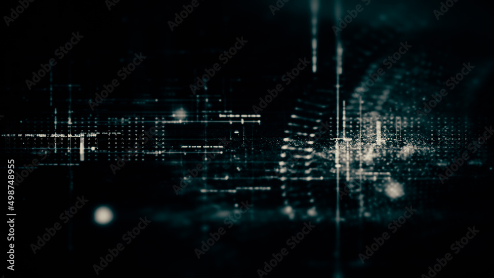 Obraz premium Futuristic abstract de-focus flowing data matrix, telemetry and encrypt numbers display with particles simulation in cyber space environment for head up display background