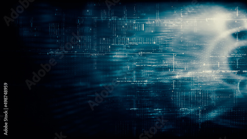 Fotografia Futuristic abstract de-focus flowing data matrix, telemetry and encrypt numbers