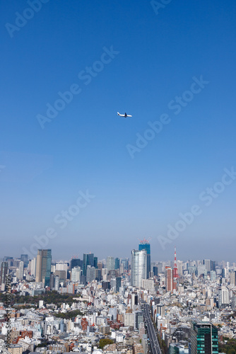 青空を背景に東京都心上空で着陸態勢に入る旅客機