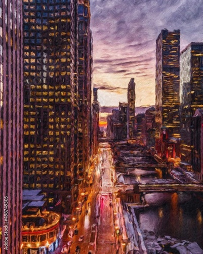 Canvas Print Real painting modern artistic artwork Chicago USA drawing in oil city center sky