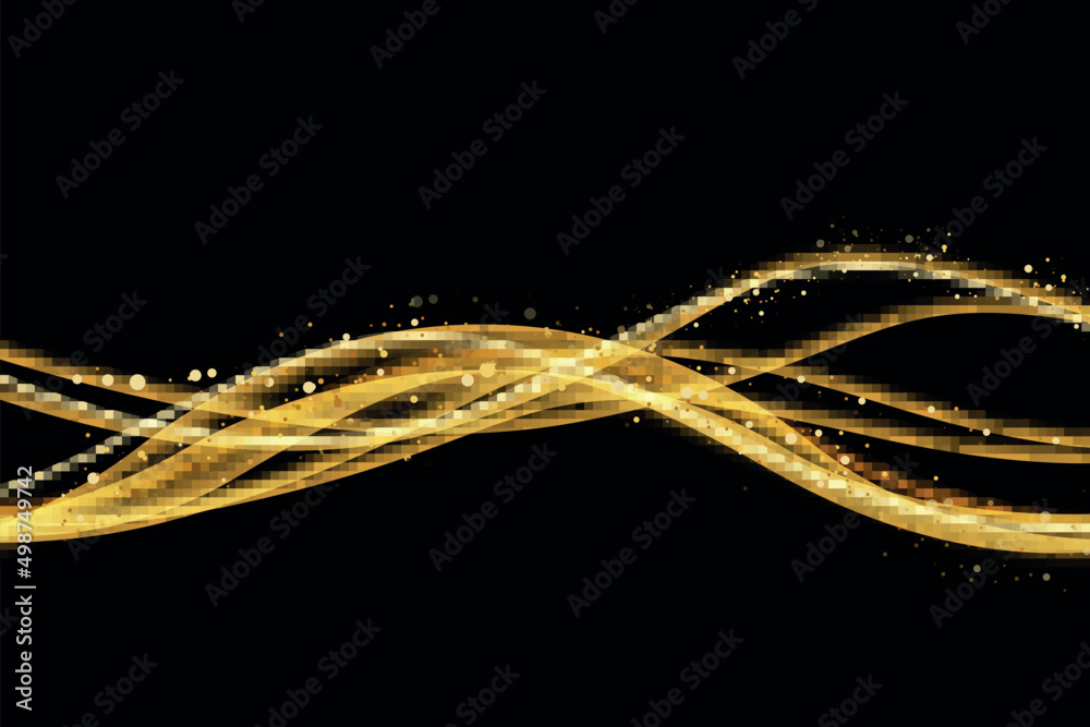 Abstract shiny gold wave design element and glitter effect on dark